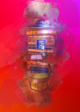 Ambiente stüdyosu, klasik büro masası, ortaçağ tarihi sanat illüstrasyonu antika eskiz.