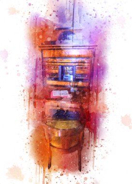 Ambiente stüdyosu, klasik büro masası, ortaçağ tarihi sanat illüstrasyonu antika eskiz.