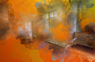 Kollu sandalyenin içi, ortaçağ tarihi sanat eserleri, antika eskizler.