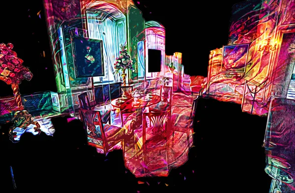 Klasik iç mekanlı klasik mobilyalar, ortaçağ tarihi sanat illüstrasyonu antika eskiz