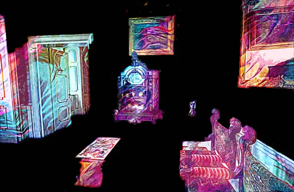 Kollu sandalyenin içi, ortaçağ tarihi sanat eserleri, antika eskizler.