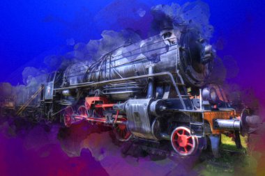 Buharlı lokomotif çölde, sanat, illüstrasyon, çizim, eskiz, antika, antika, antika.