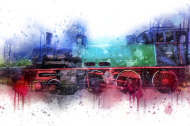 Buharlı lokomotif çölde, sanat, illüstrasyon, çizim, eskiz, antika, antika, antika.