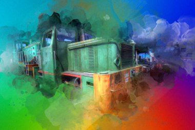 Eski dar ölçü demiryolu motoru, sanat, illüstrasyon, çizim, eskiz, antika, antika, antika.