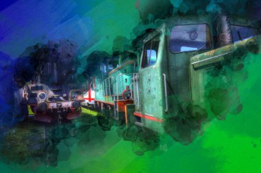 Eski dar ölçü demiryolu motoru, sanat, illüstrasyon, çizim, eskiz, antika, antika, antika.