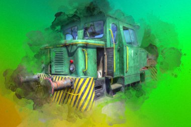 Eski dar ölçü demiryolu motoru, sanat, illüstrasyon, çizim, eskiz, antika, antika, antika.