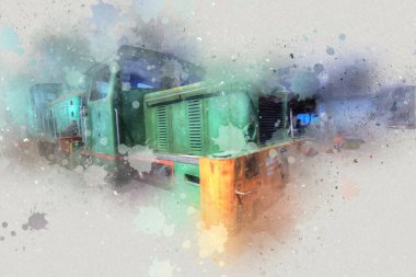 Eski dar ölçü demiryolu motoru, sanat, illüstrasyon, çizim, eskiz, antika, antika, antika.