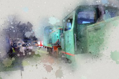 Eski dar ölçü demiryolu motoru, sanat, illüstrasyon, çizim, eskiz, antika, antika, antika.