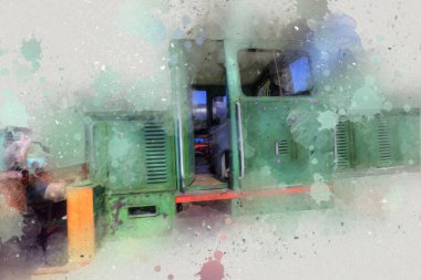 Eski dar ölçü demiryolu motoru, sanat, illüstrasyon, çizim, eskiz, antika, antika, antika.