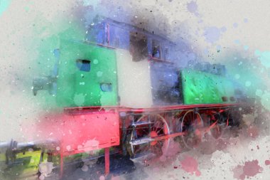 Eski dar ölçü demiryolu motoru, sanat, illüstrasyon, çizim, eskiz, antika, antika, antika.