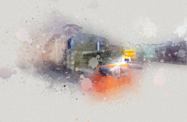 Eski dar ölçü demiryolu motoru, sanat, illüstrasyon, çizim, eskiz, antika, antika, antika.