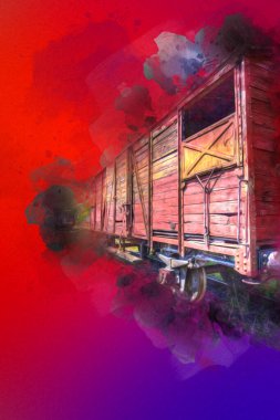 Eski tren vagonu, tren, sanat, illüstrasyon, çizim, eskiz, antika, antika, antika.