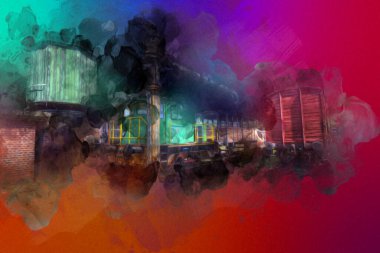 Eski tren vagonu, tren, sanat, illüstrasyon, çizim, eskiz, antika, antika, antika.