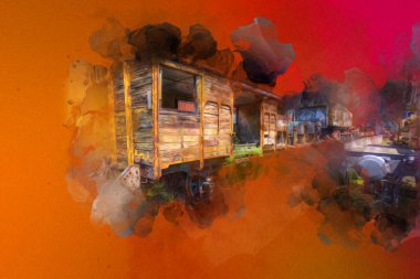 Eski tren vagonu, tren, sanat, illüstrasyon, çizim, eskiz, antika, antika, antika.