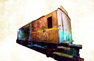 Eski tren vagonu, tren, sanat, illüstrasyon, çizim, eskiz, antika, antika, antika.