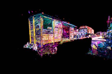 Eski tren vagonu, tren, sanat, illüstrasyon, çizim, eskiz, antika, antika, antika.