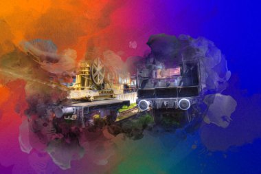 Demiryolu vinci, fotoğrafçılık, paslı, vagon, tren, sanat, illüstrasyon, çizim, eskiz, antika, retro, vintage.