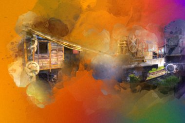 Demiryolu vinci, fotoğrafçılık, paslı, vagon, tren, sanat, illüstrasyon, çizim, eskiz, antika, retro, vintage.