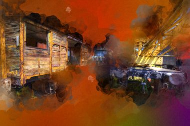 Demiryolu vinci, fotoğrafçılık, paslı, vagon, tren, sanat, illüstrasyon, çizim, eskiz, antika, retro, vintage.