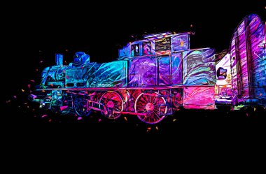 Küçük lokomotif, buhar, fotoğrafçılık, paslı, vagon, tren, sanat, illüstrasyon, çizim, eskiz, antika, retro, vintage.