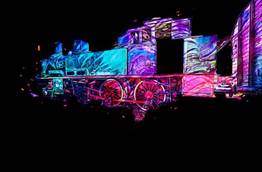 Küçük lokomotif, buhar, fotoğrafçılık, paslı, vagon, tren, sanat, illüstrasyon, çizim, eskiz, antika, retro, vintage.