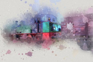 Küçük lokomotif, buhar, fotoğrafçılık, paslı, vagon, tren, sanat, illüstrasyon, çizim, eskiz, antika, retro, vintage.