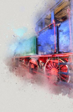 Küçük lokomotif, buhar, fotoğrafçılık, paslı, vagon, tren, sanat, illüstrasyon, çizim, eskiz, antika, retro, vintage.