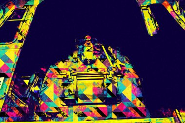 Buhar trenindeki makine odası, fotoğrafçılık, paslı, vagon, sanat, illüstrasyon, çizim, çizim, eskiz, antika, retro, vintage.