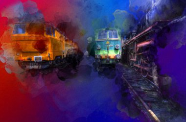 Farklı türde eski lokomotifler, tren, fotoğraf, paslı, vagon, sanat, illüstrasyon, çizim, eskiz, antika, antika, antika, antika.