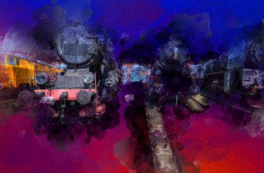 Farklı türde eski lokomotifler, tren, fotoğraf, paslı, vagon, sanat, illüstrasyon, çizim, eskiz, antika, antika, antika, antika.