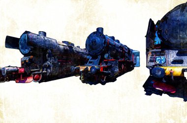 Farklı türde eski lokomotifler, tren, fotoğraf, paslı, vagon, sanat, illüstrasyon, çizim, eskiz, antika, antika, antika, antika.