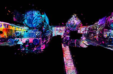 Farklı türde eski lokomotifler, tren, fotoğraf, paslı, vagon, sanat, illüstrasyon, çizim, eskiz, antika, antika, antika, antika.