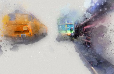 Farklı türde eski lokomotifler, tren, fotoğraf, paslı, vagon, sanat, illüstrasyon, çizim, eskiz, antika, antika, antika, antika.