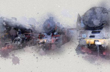 Farklı türde eski lokomotifler, tren, fotoğraf, paslı, vagon, sanat, illüstrasyon, çizim, eskiz, antika, antika, antika, antika.