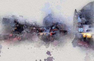 Farklı türde eski lokomotifler, tren, fotoğraf, paslı, vagon, sanat, illüstrasyon, çizim, eskiz, antika, antika, antika, antika.
