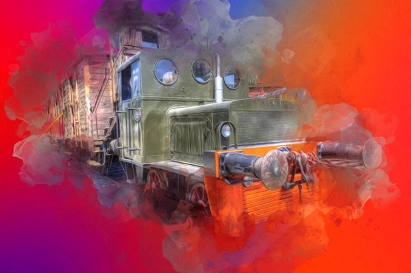 Vecchio Motore Ferroviario Scartamento Ridotto Arte Illustrazione Disegno Schizzo Antico — Foto Stock