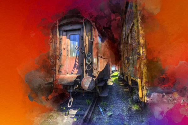 Velho Vagão Transporte Ferroviário Trem Arte Illust Puxando Esboço Antiguidade — Fotografia de Stock