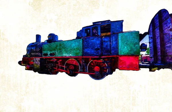 Pequeña Locomotora Vapor Fotografía Oxidado Vagón Tren Arte Ilustración Dibujo — Foto de Stock