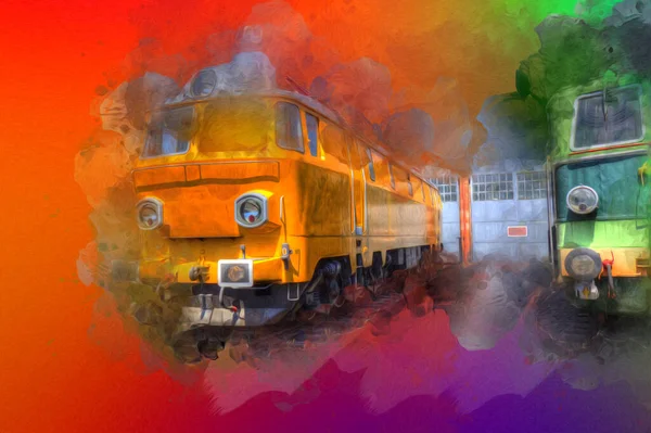 Tipo Diferente Locomotivas Velhas Trem Fotografia Enferrujado Vagão Arte Ilustração — Fotografia de Stock