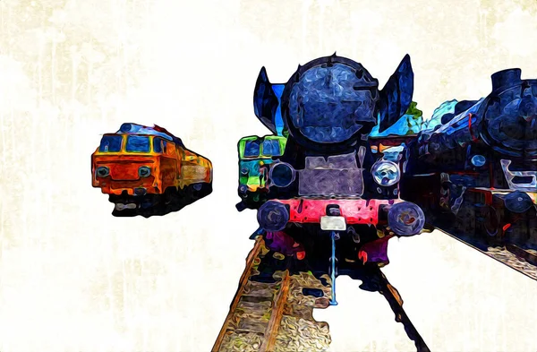 Різний Тип Старих Локомотивів Поїзд Фотографія Іржавий Універсал Мистецтво Ілюстрація — стокове фото