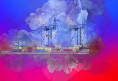 Gdansk limanı - Stogi Sahili yakınlarındaki konteynır terminali, Pomerania, Polonya, illüstrasyon, çizim, eskiz, klasik, resim, antika, retro