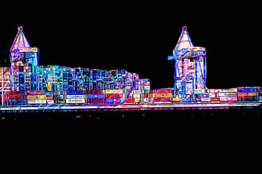 Gdansk limanı - Stogi Sahili yakınlarındaki konteynır terminali, Pomerania, Polonya, illüstrasyon, çizim, eskiz, klasik, resim, antika, retro