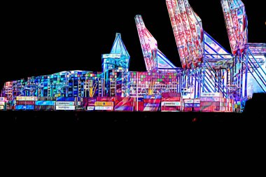 Gdansk limanı - Stogi Sahili yakınlarındaki konteynır terminali, Pomerania, Polonya, illüstrasyon, çizim, eskiz, klasik, resim, antika, retro