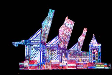Gdansk limanı - Stogi Sahili yakınlarındaki konteynır terminali, Pomerania, Polonya, illüstrasyon, çizim, eskiz, klasik, resim, antika, retro