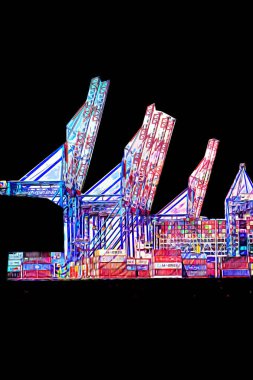 Gdansk limanı - Stogi Sahili yakınlarındaki konteynır terminali, Pomerania, Polonya, illüstrasyon, çizim, eskiz, klasik, resim, antika, retro