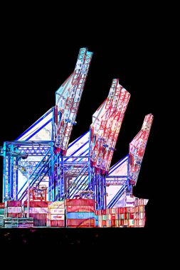 Gdansk limanı - Stogi Sahili yakınlarındaki konteynır terminali, Pomerania, Polonya, illüstrasyon, çizim, eskiz, klasik, resim, antika, retro