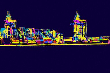 Gdansk limanı - Stogi Sahili yakınlarındaki konteynır terminali, Pomerania, Polonya, illüstrasyon, çizim, eskiz, klasik, resim, antika, retro