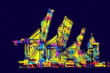 Gdansk limanı - Stogi Sahili yakınlarındaki konteynır terminali, Pomerania, Polonya, illüstrasyon, çizim, eskiz, klasik, resim, antika, retro