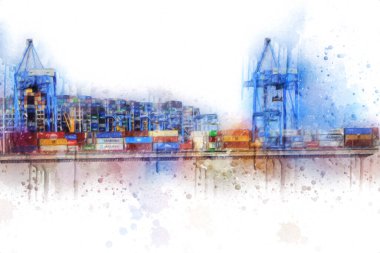 Gdansk limanı - Stogi Sahili yakınlarındaki konteynır terminali, Pomerania, Polonya, illüstrasyon, çizim, eskiz, klasik, resim, antika, retro