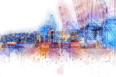 Gdansk limanı - Stogi Sahili yakınlarındaki konteynır terminali, Pomerania, Polonya, illüstrasyon, çizim, eskiz, klasik, resim, antika, retro